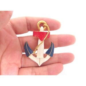 Vintage‎ Signed LJM Red White Blue Enamel Anchor Gold Plated Brooch Pin Pendant